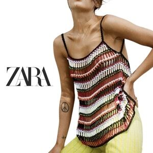 Zara Beaded Crochet Top - Red/Black/White/Green - Size M